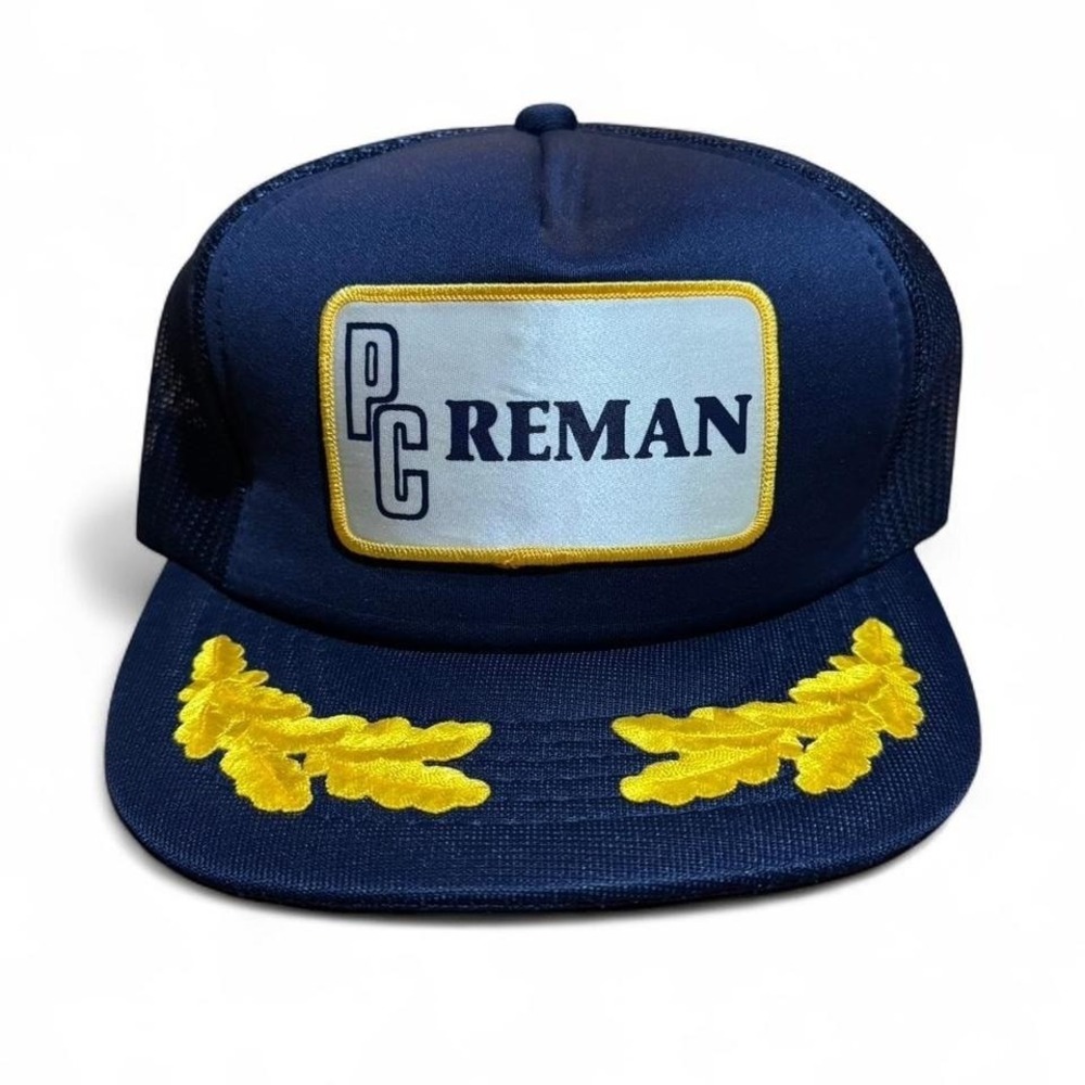 Vintage 80s Navy Gold Leaf PC Reman Trucker Mesh SnapBack Cap OSFA